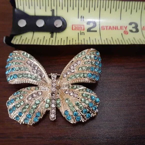 Monet Butterfly Brooch Pin-Aqua Crystals on Gold Tone - Picture 3 of 3